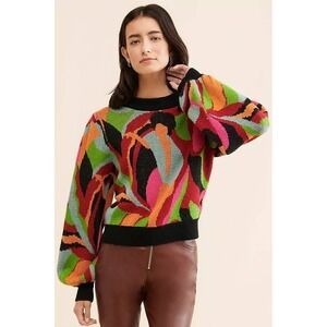 Farm Rio Womens The Dance Abstract Colorblock Knit Sweater Small Dopamine Artsy